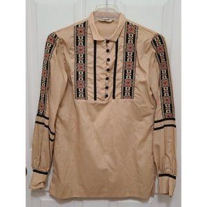 Vtg 70s Gayle Kirkpatrick Women's Long Sleeve Tunic Top Embroidered Trim Boho L